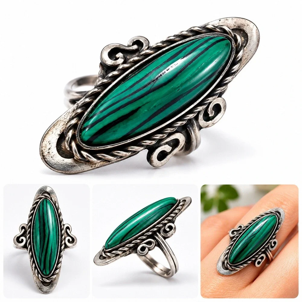 Vtg Silver Tone Malachite Style Ring Marquise Adjustable Southwestern Whimsigoth